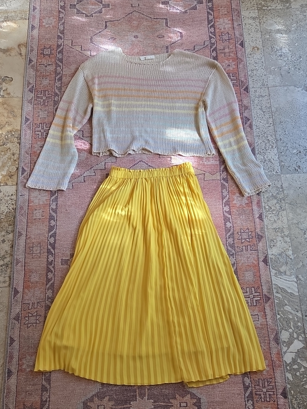 Lovestitch knitted top and Bright Yellow Pleated Midi Skirt from J Crew
